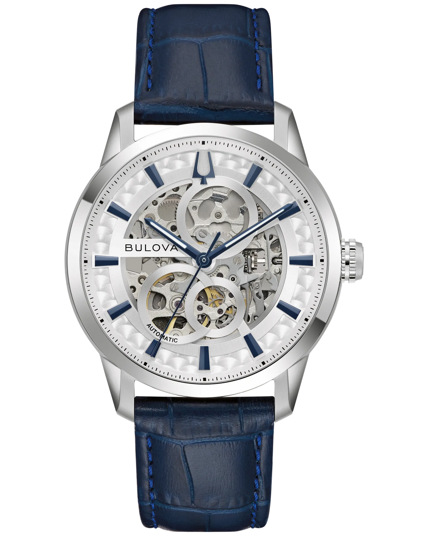 Bulova Sutton 40mm Automatic Silver Skeleton Dial Blue Leather Strap 96A330