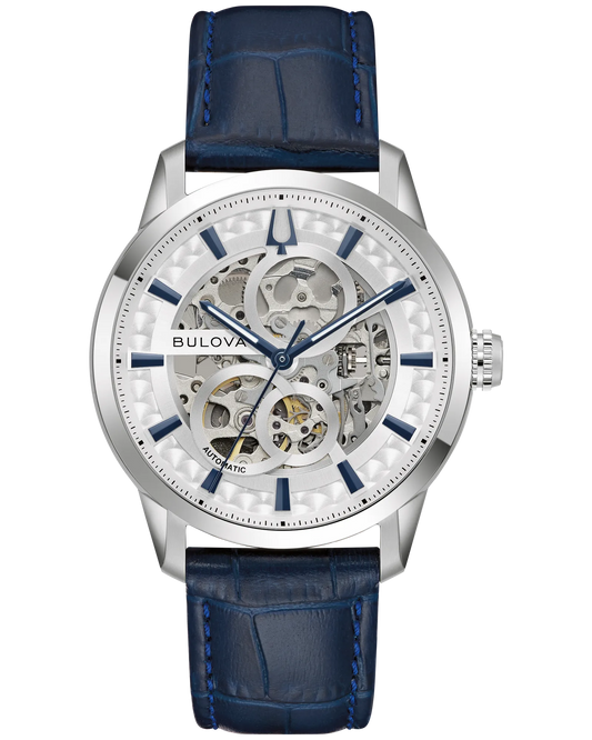 Bulova Sutton 40mm Automatic Silver Skeleton Dial Blue Leather Strap 96A330