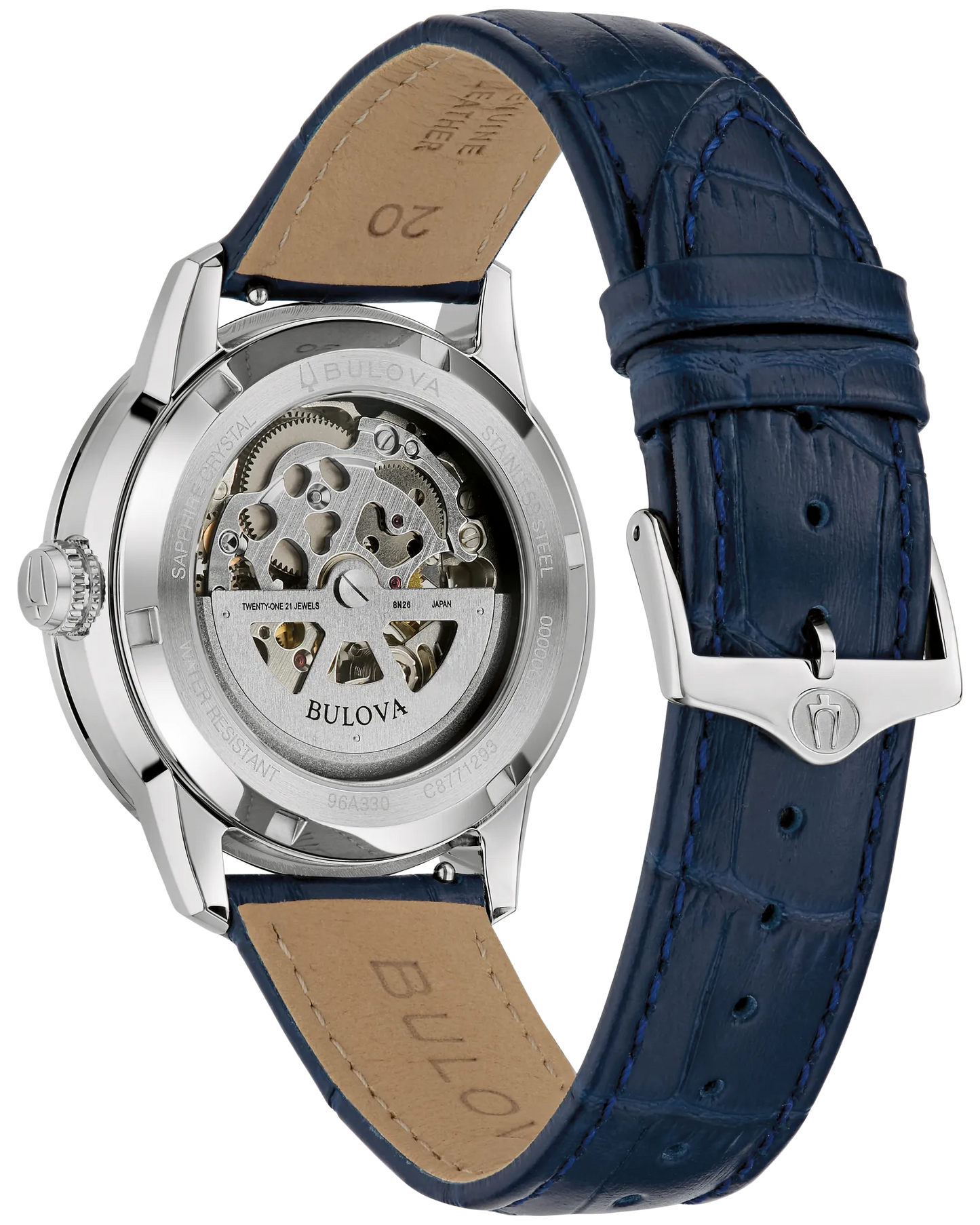 Bulova Sutton 40mm Automatic Silver Skeleton Dial Blue Leather Strap 96A330
