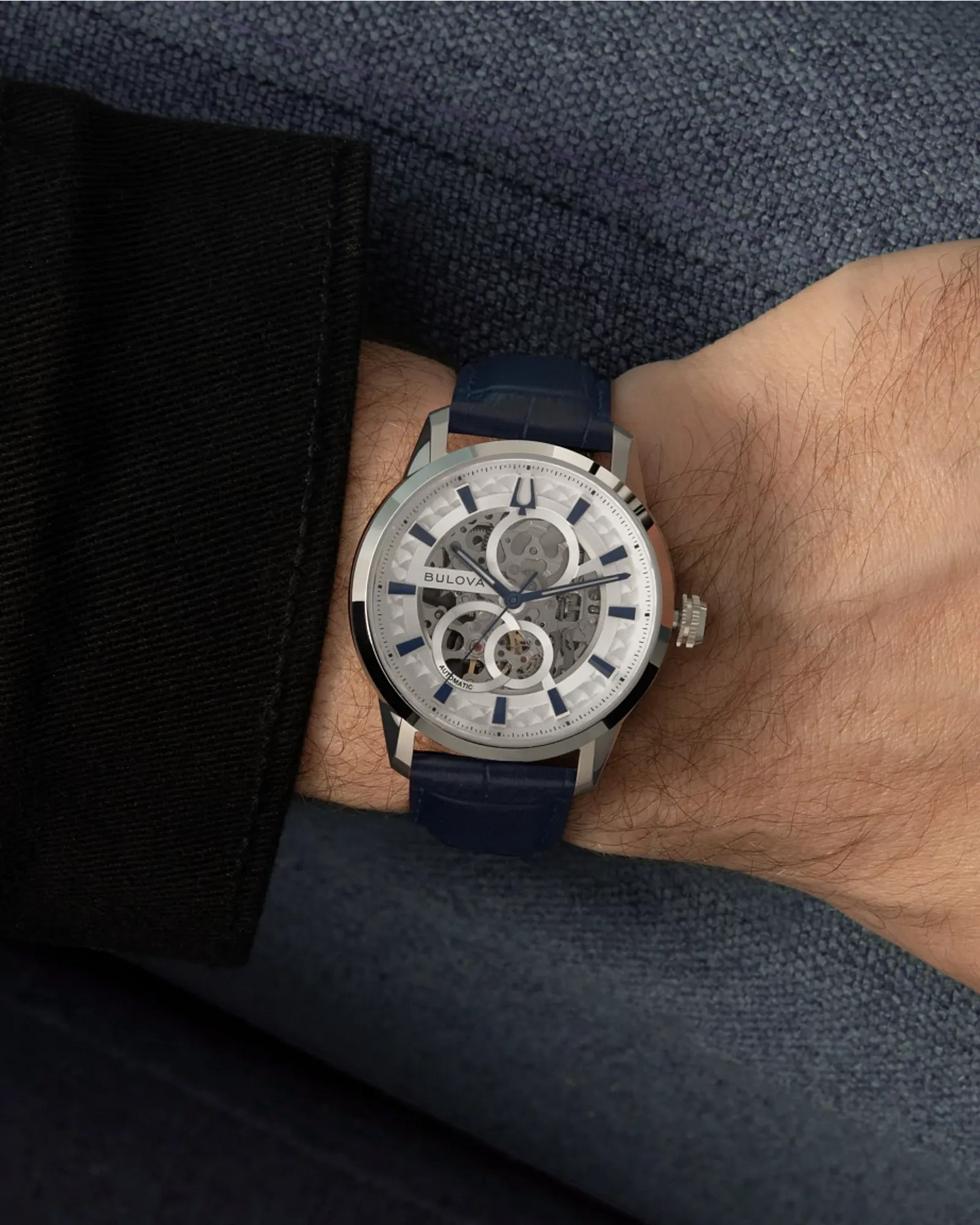 Bulova Sutton 40mm Automatic Silver Skeleton Dial Blue Leather Strap 96A330