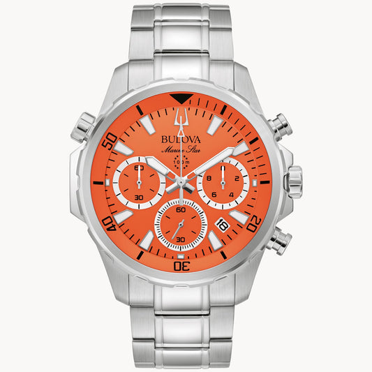 Bulova Marine Star Chronograph Orange Dial Stainless Steel Bracelet 96B395