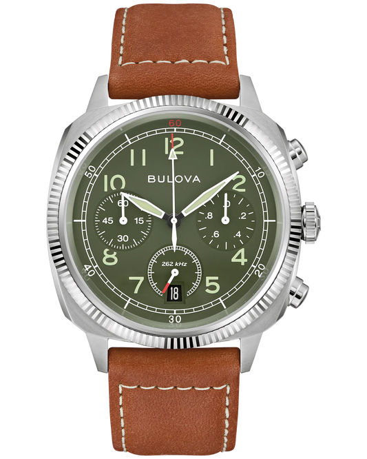 Bulova Military VW1 Special Edition Green Dial 42.5mm Quartz Brown Leather Strap 96B482