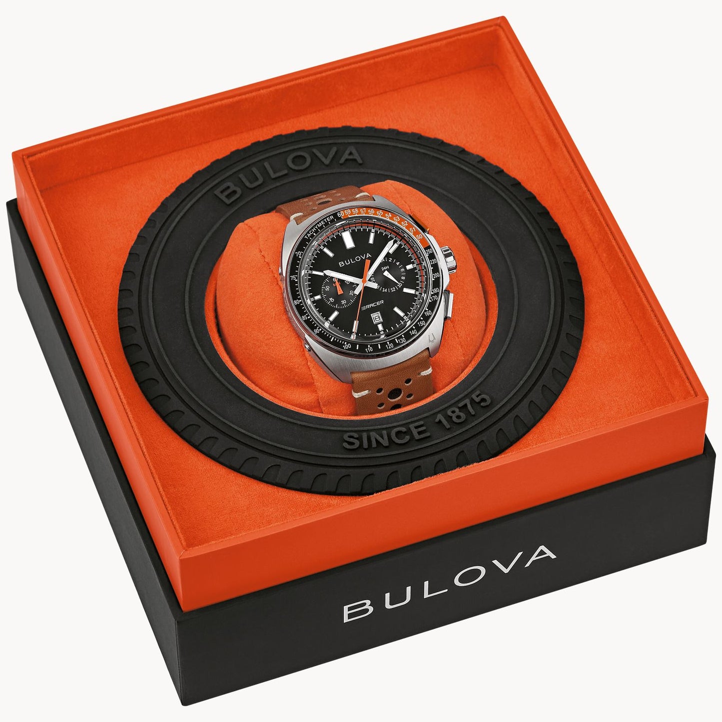 Bulova Racer Chronograph Black Dial Brown Leather Strap 98B427