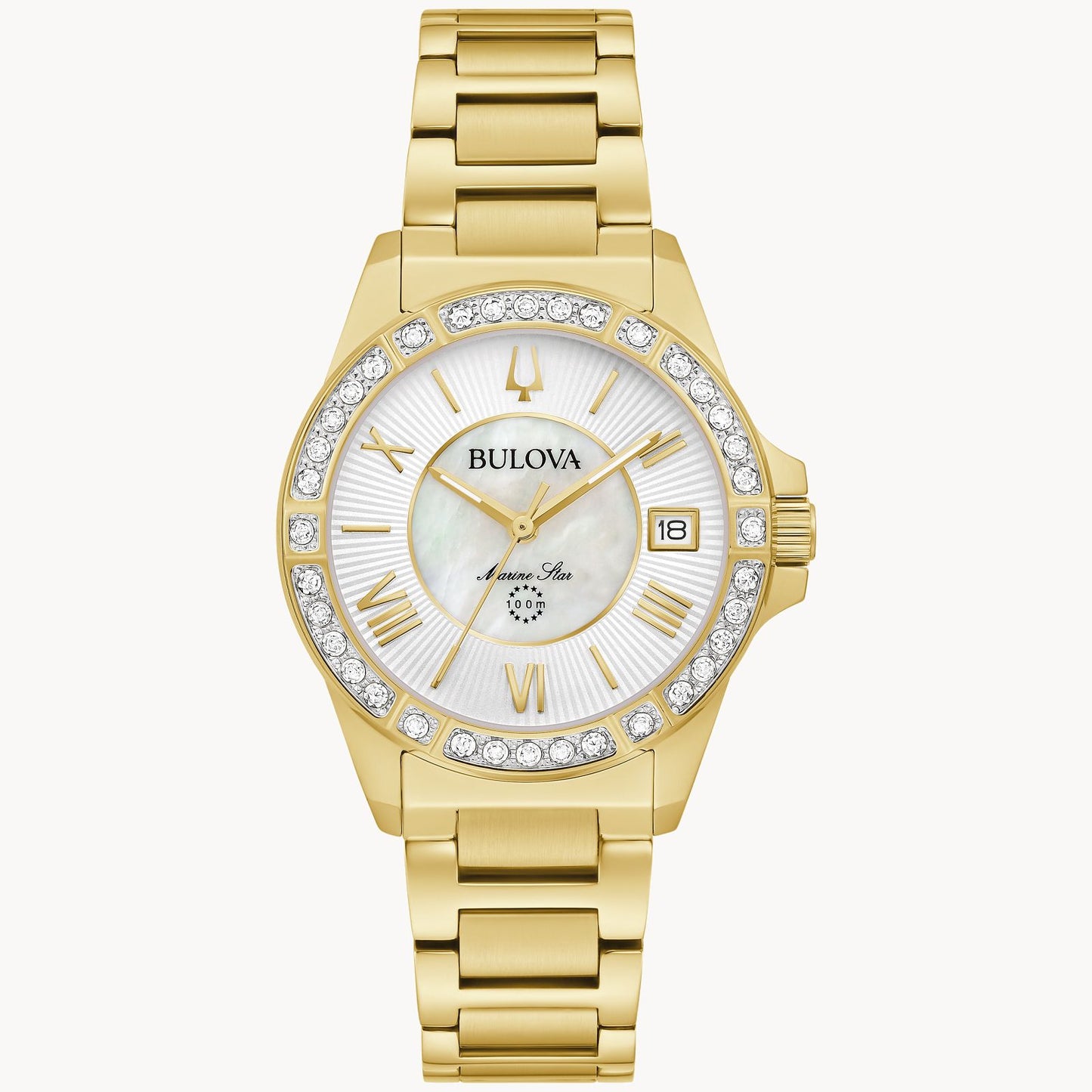 Bulova Marine Star Women's White Mother-of-Pearl Dial Gold Tone Case and Bracelet 98R294