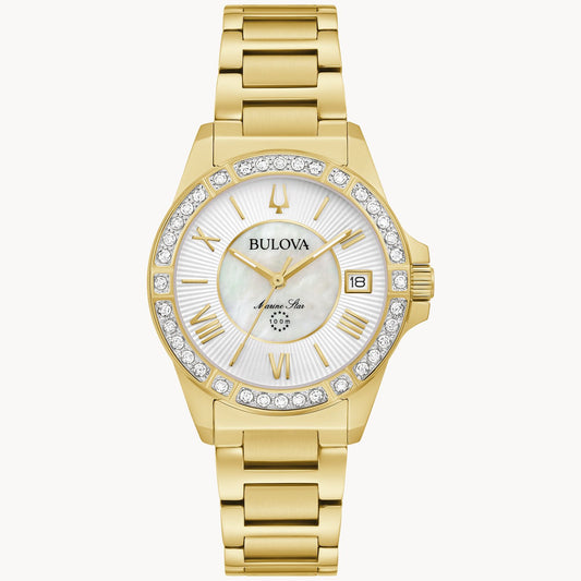 Bulova Marine Star Women's White Mother-of-Pearl Dial Gold Tone Case and Bracelet 98R294