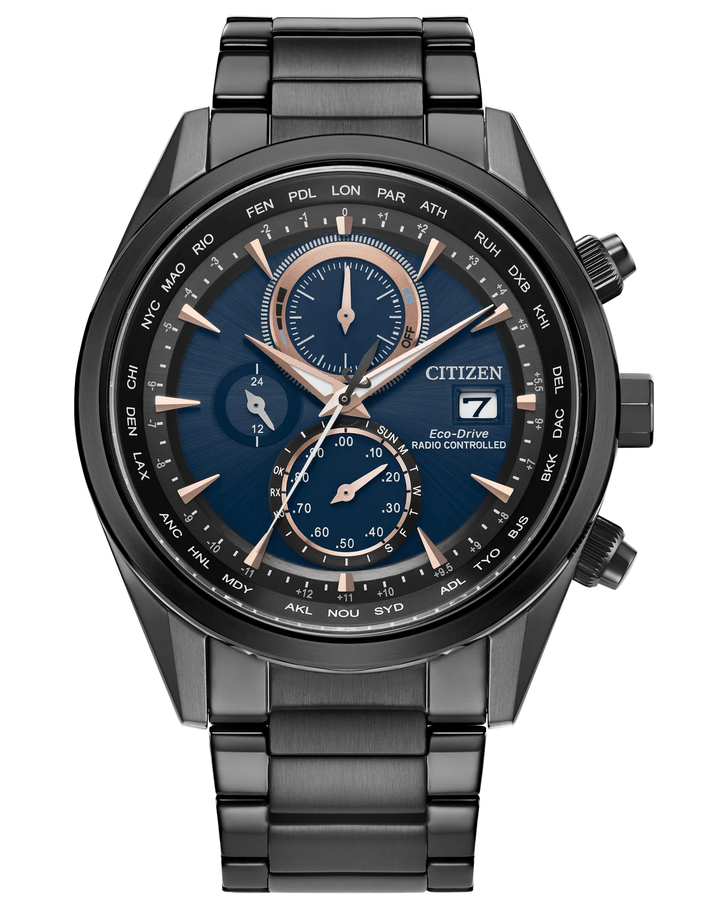 Citizen Sport Luxury Atomic Timekeeping Blue Dial Stainless Steel Black IP Case and Bracelet AT8265-57L