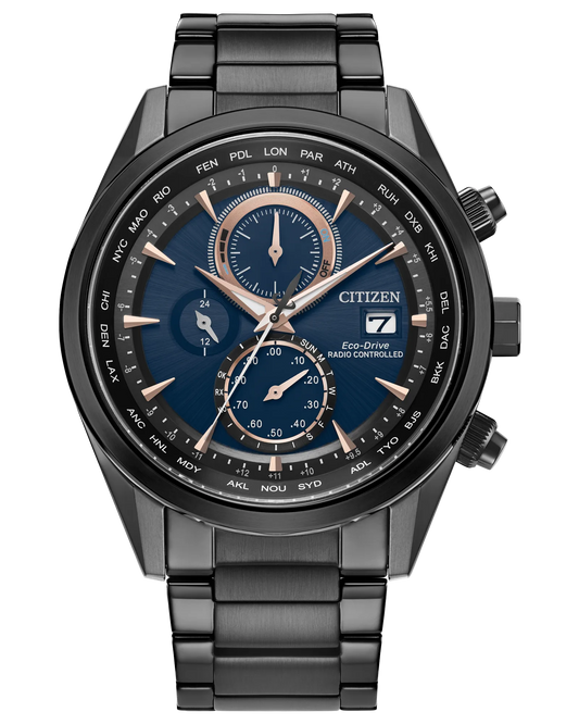 Citizen Sport Luxury Atomic Timekeeping Blue Dial Stainless Steel Black IP Case and Bracelet AT8265-57L
