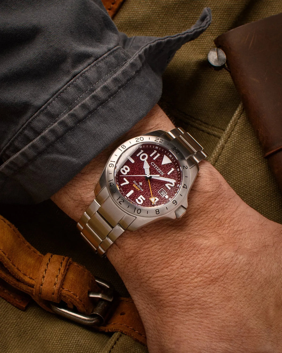 Citizen Promaster Land GMT Eco-Drive 39.5mm Red Dial Stainless Steel Bracelet BJ7150-50W