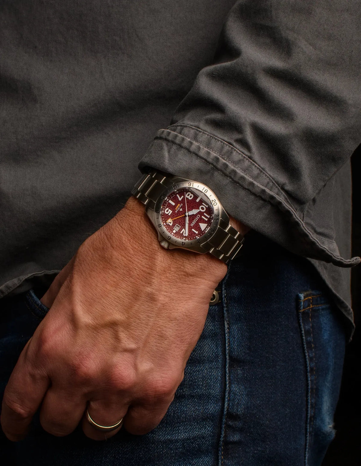 Citizen Promaster Land GMT Eco-Drive 39.5mm Red Dial Stainless Steel Bracelet BJ7150-50W