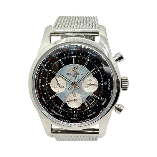 Breitling Transocean Chronograph Unitime Black Dial Chronograph Mesh Bracelet AB0510/BB62