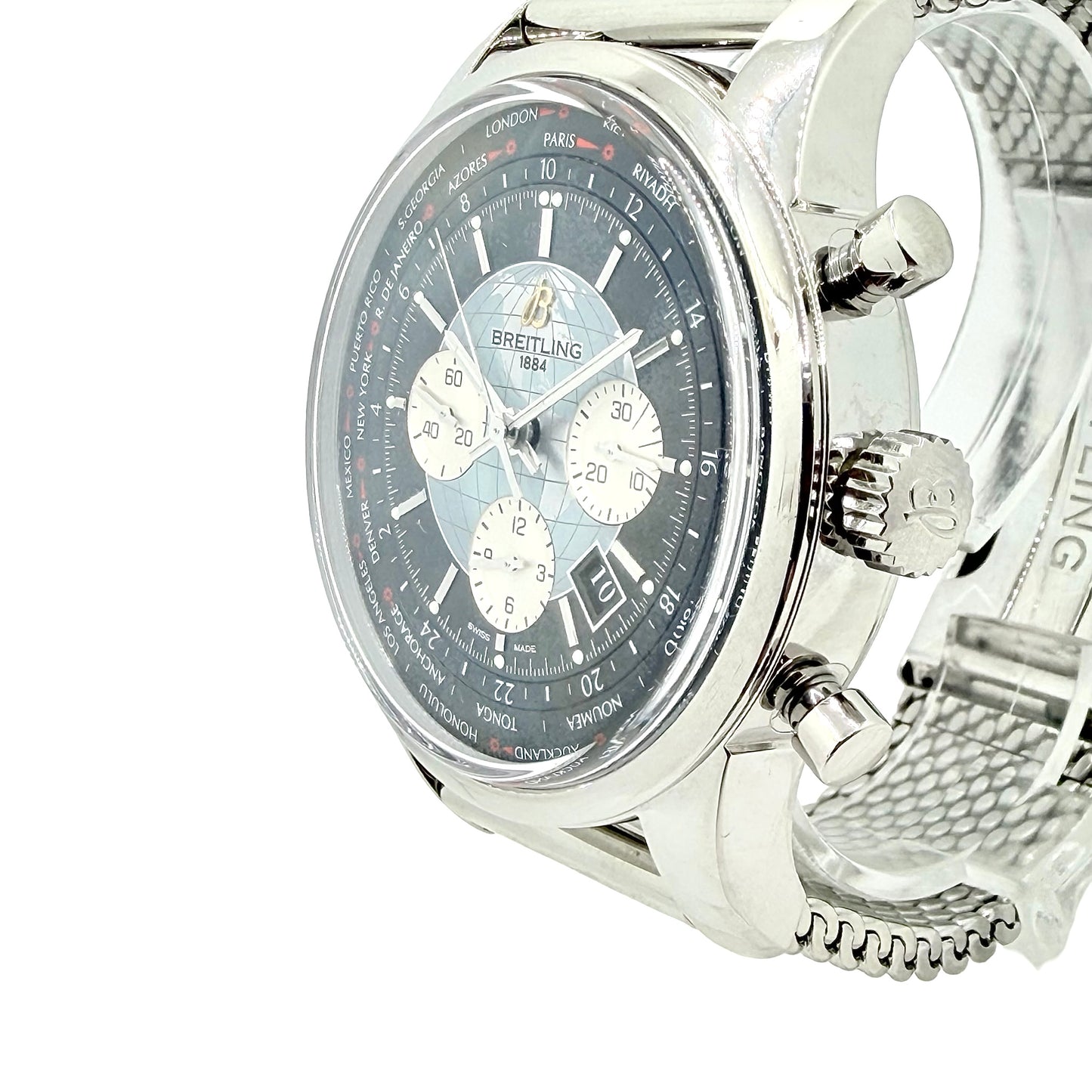 Breitling Transocean Chronograph Unitime Black Dial Chronograph Mesh Bracelet AB0510/BB62