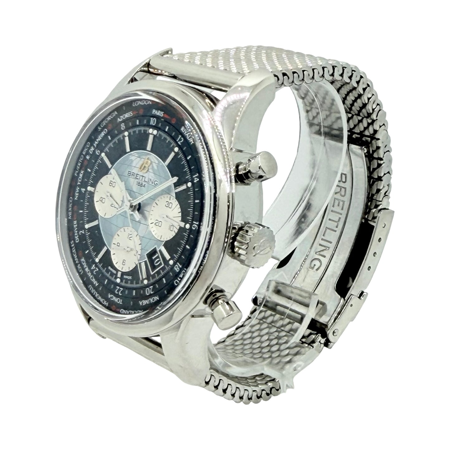 Breitling Transocean Chronograph Unitime Black Dial Chronograph Mesh Bracelet AB0510/BB62