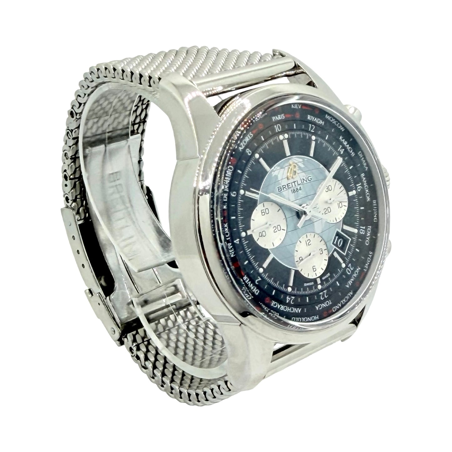 Breitling Transocean Chronograph Unitime Black Dial Chronograph Mesh Bracelet AB0510/BB62