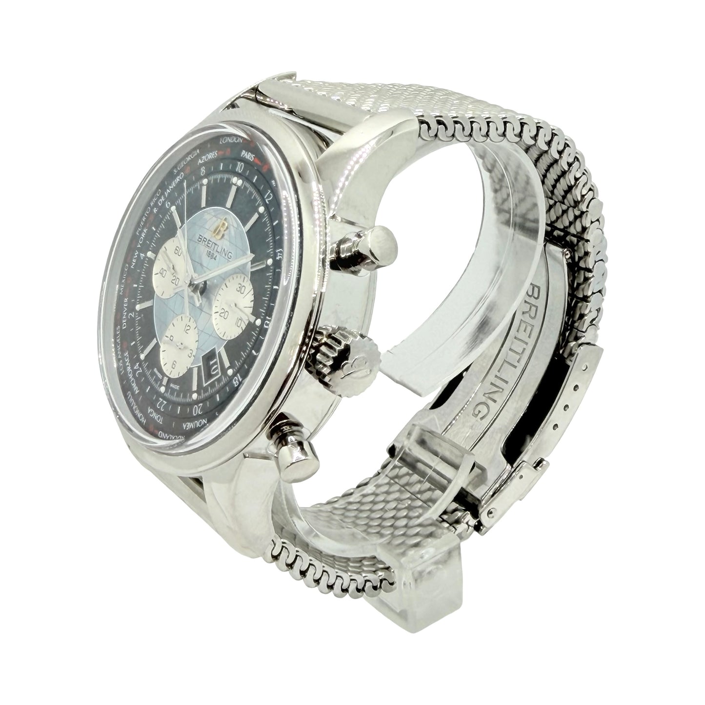 Breitling Transocean Chronograph Unitime Black Dial Chronograph Mesh Bracelet AB0510/BB62