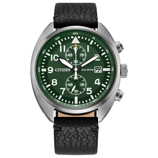 Citizen Sport Casual Chronograph Green Dial Black Leather Strap CA7041-07X