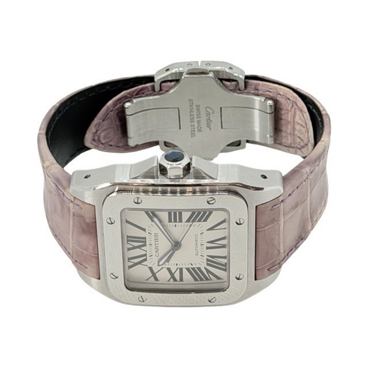 Cartier Santos 100 XL Automatic White Dial Stainless Steel Pink Strap 2656