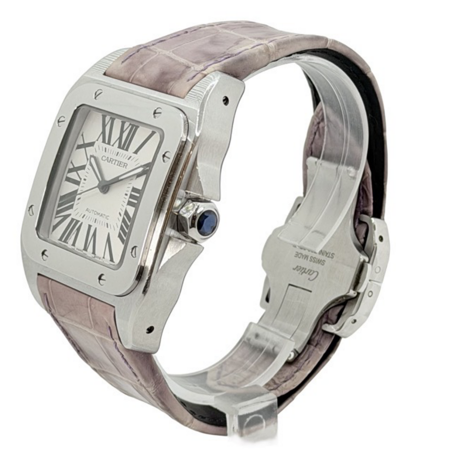 Cartier Santos 100 XL Automatic White Dial Stainless Steel Pink Strap 2656