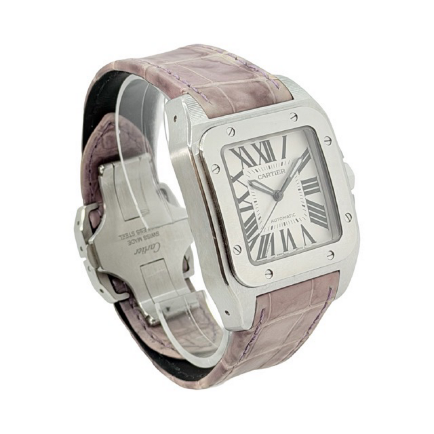 Cartier Santos 100 XL Automatic White Dial Stainless Steel Pink Strap 2656