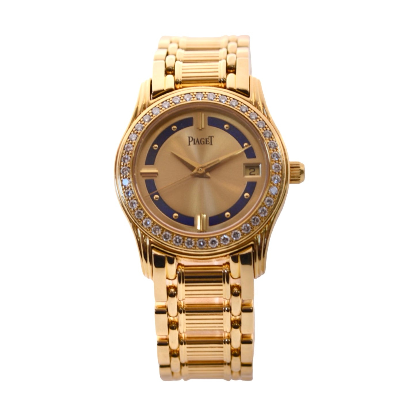 Piaget Polo 18K Yellow Gold Champagne and Blue Lapis Lazuli Dial Diamond Bezel 22005