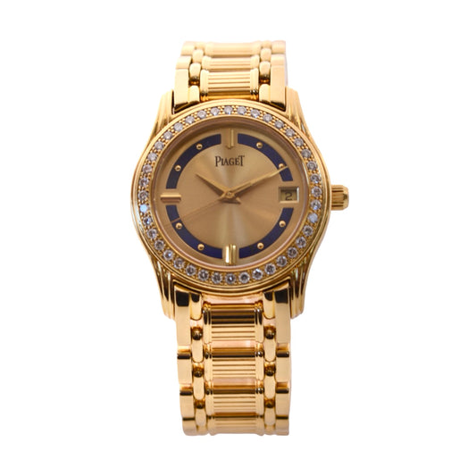 Piaget Polo 18K Yellow Gold Champagne and Blue Lapis Lazuli Dial Diamond Bezel 22005