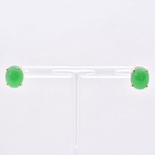 Estate Jewelry 14K Yellow Gold Oval Cabochon Green Stone Stud Earrings