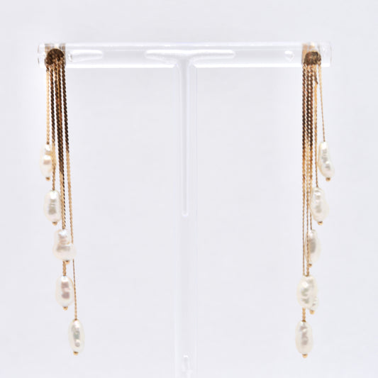 Estate Jewelry 14K Yellow Gold Multi Strand Rice Pearl Bead Earrings