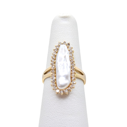 Estate Jewelry 14K Yellow Gold Baroque Pearl Cocktail Ring with Diamonds