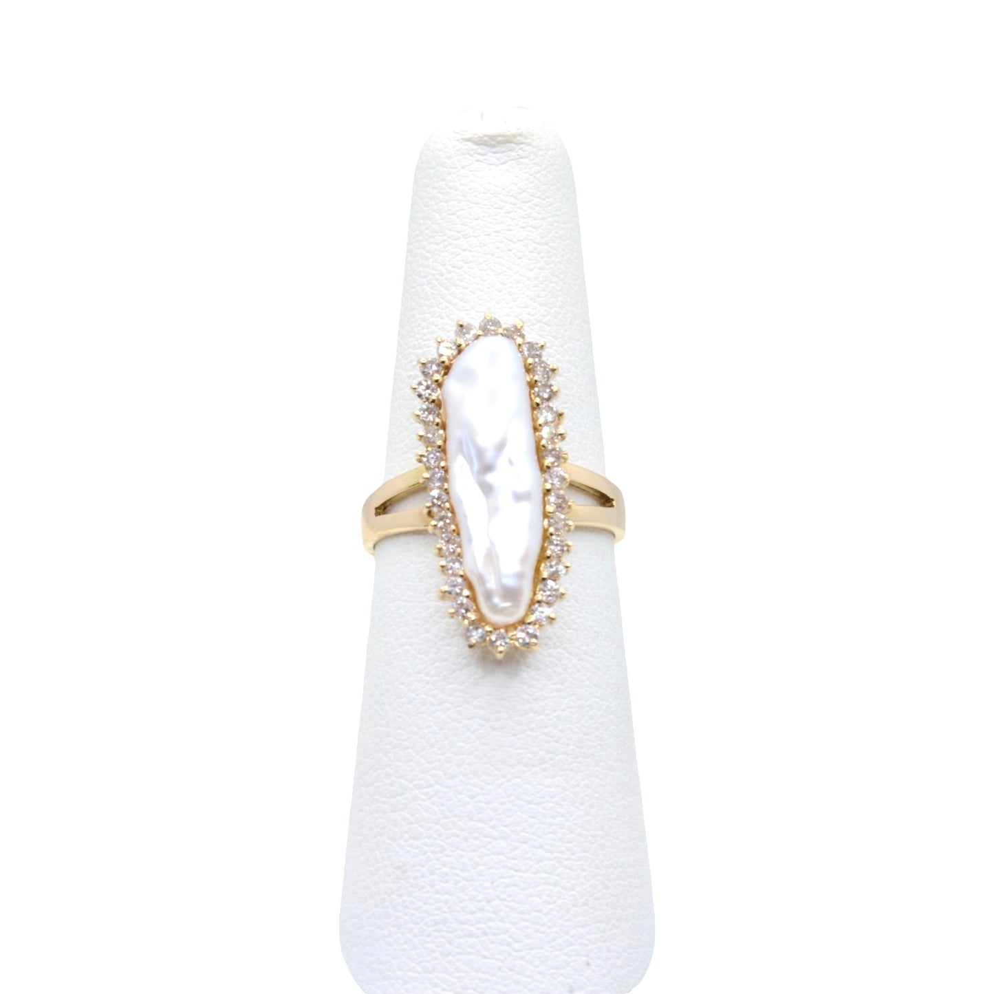 Estate Jewelry 14K Yellow Gold Baroque Pearl Cocktail Ring with Diamonds