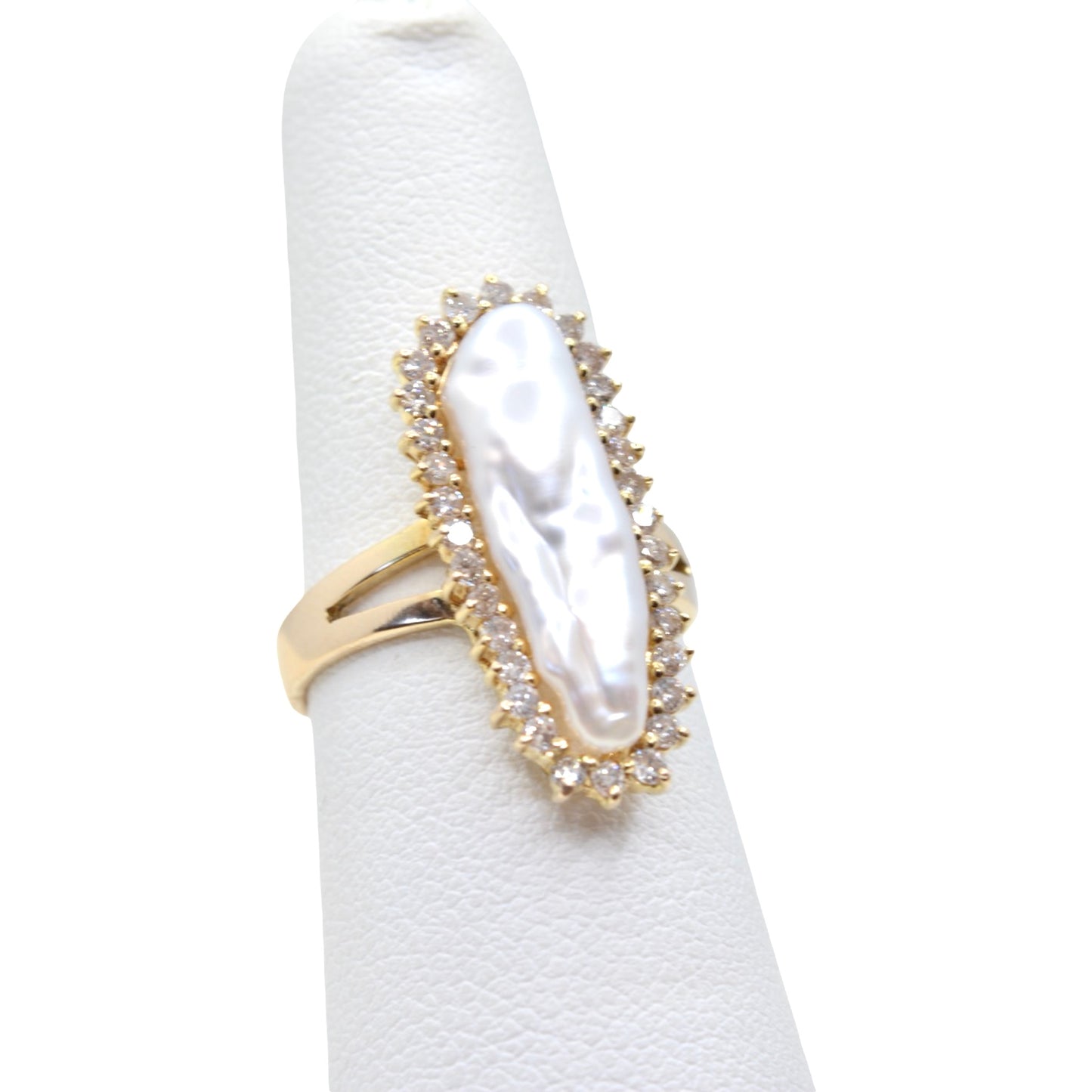 Estate Jewelry 14K Yellow Gold Baroque Pearl Cocktail Ring with Diamonds