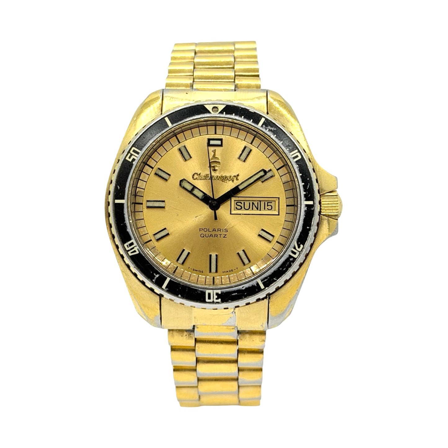 Chronosport Polaris Swiss Quartz Day Date 42mm Gold Tone Case and Bracelet Champagne Dial 3509