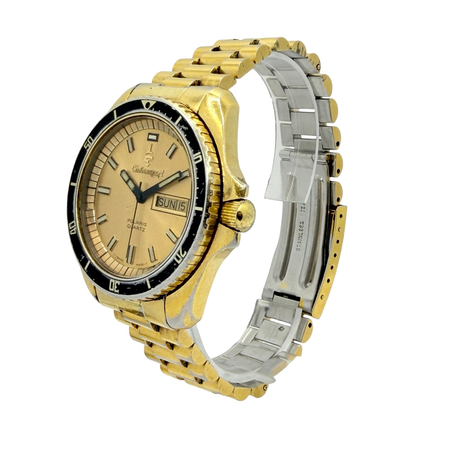 Chronosport Polaris Swiss Quartz Day Date 42mm Gold Tone Case and Bracelet Champagne Dial 3509