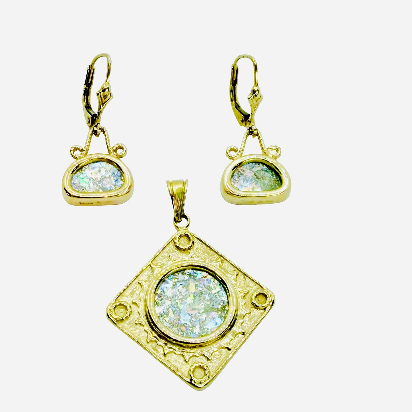 14K Yellow Gold Roman Glass Pendant and Earring Set