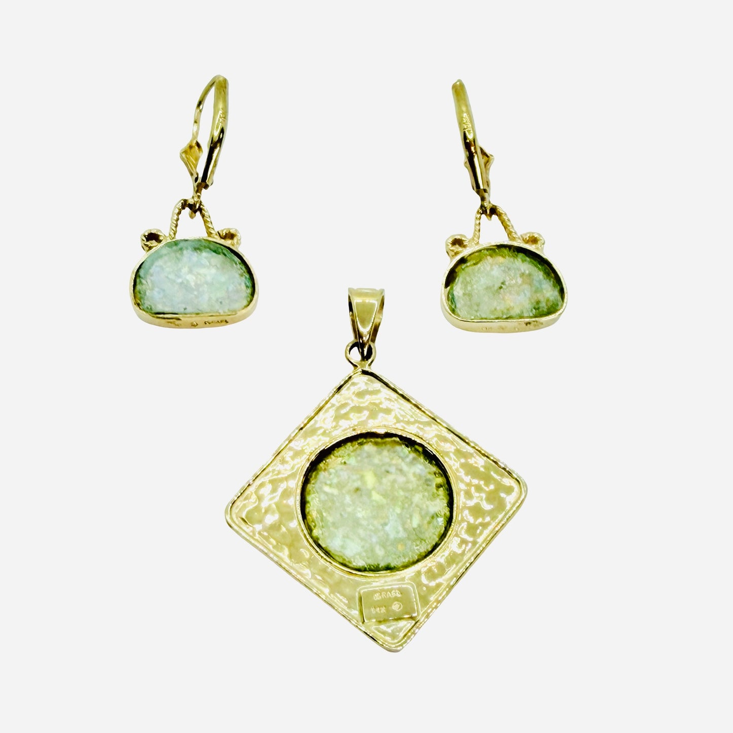 14K Yellow Gold Roman Glass Pendant and Earring Set
