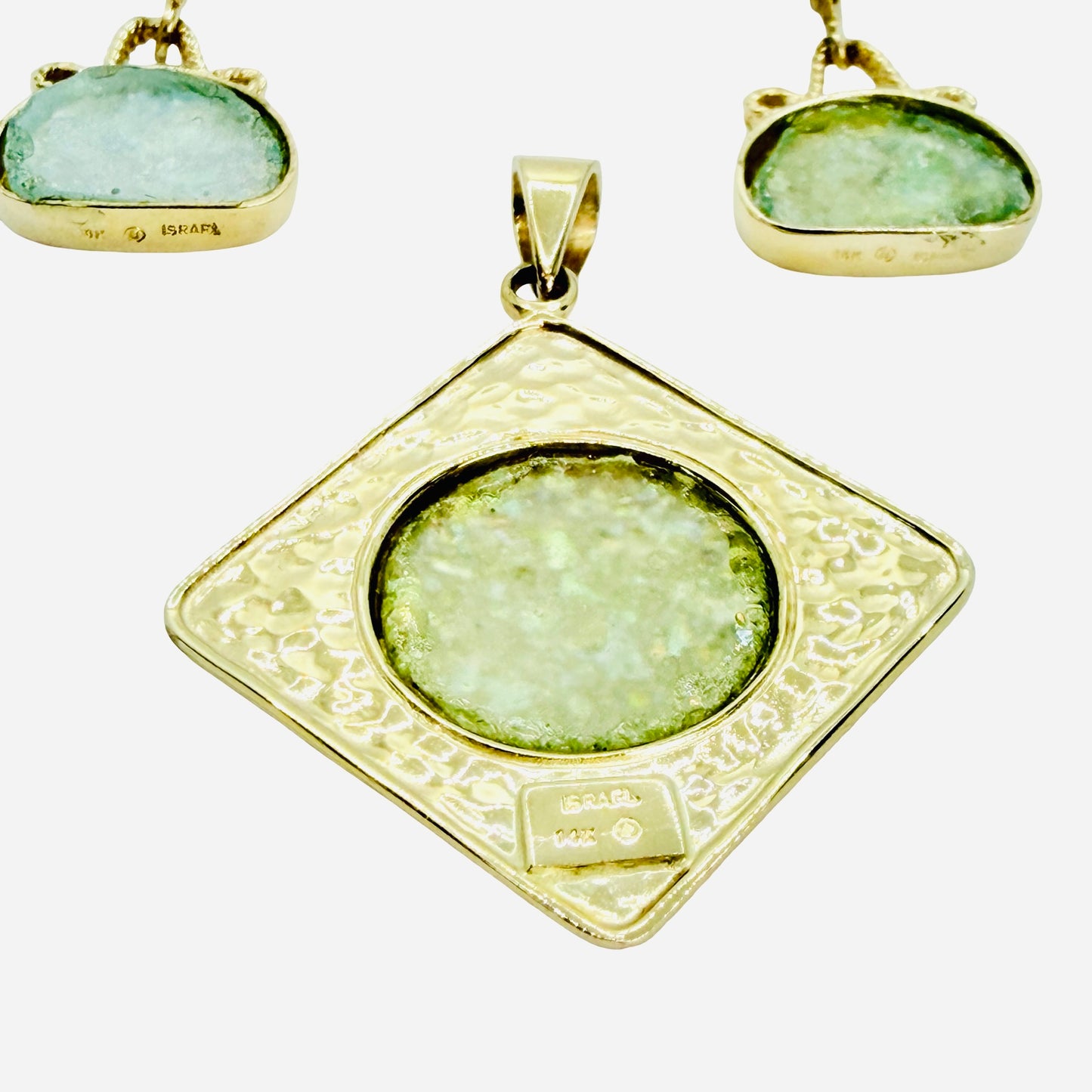 14K Yellow Gold Roman Glass Pendant and Earring Set