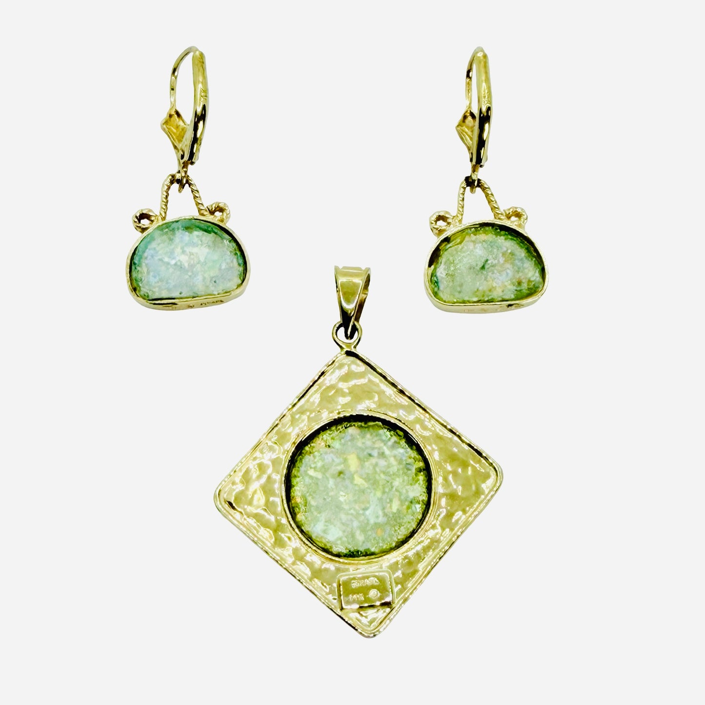 14K Yellow Gold Roman Glass Pendant and Earring Set