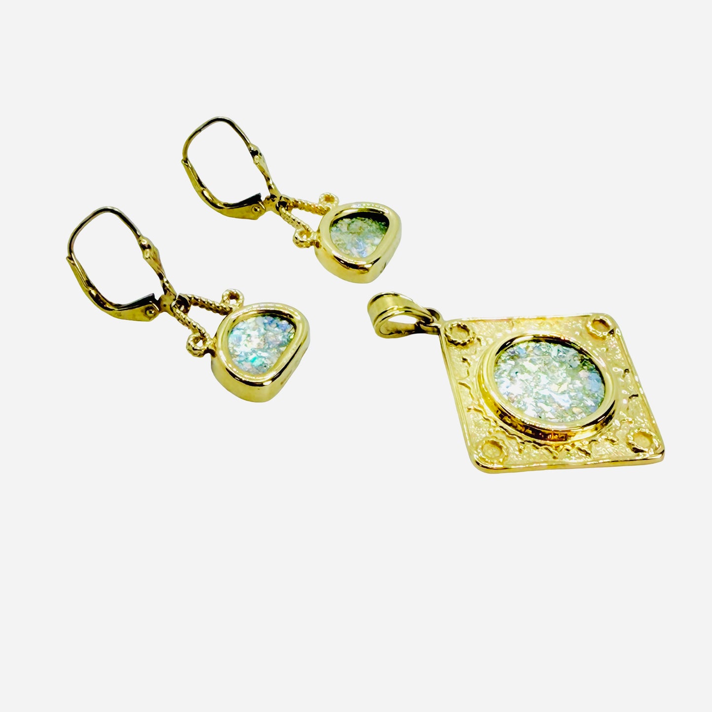 14K Yellow Gold Roman Glass Pendant and Earring Set