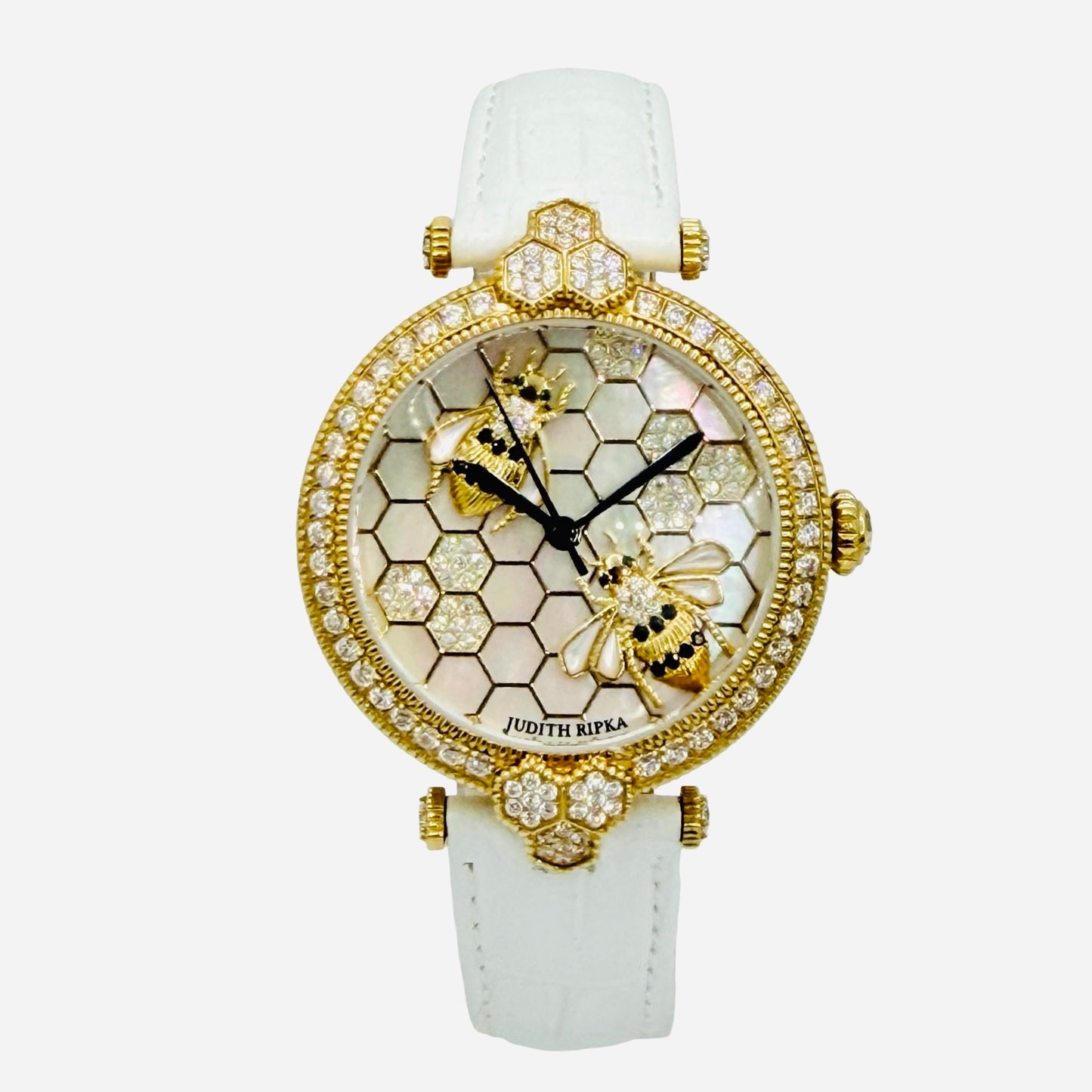 Judith Ripka Stainless Steel Bumble Bee Gemstone Watch 36mm Mother-of-Pearl 3D Honeycomb Dial White Leather Strap J355957