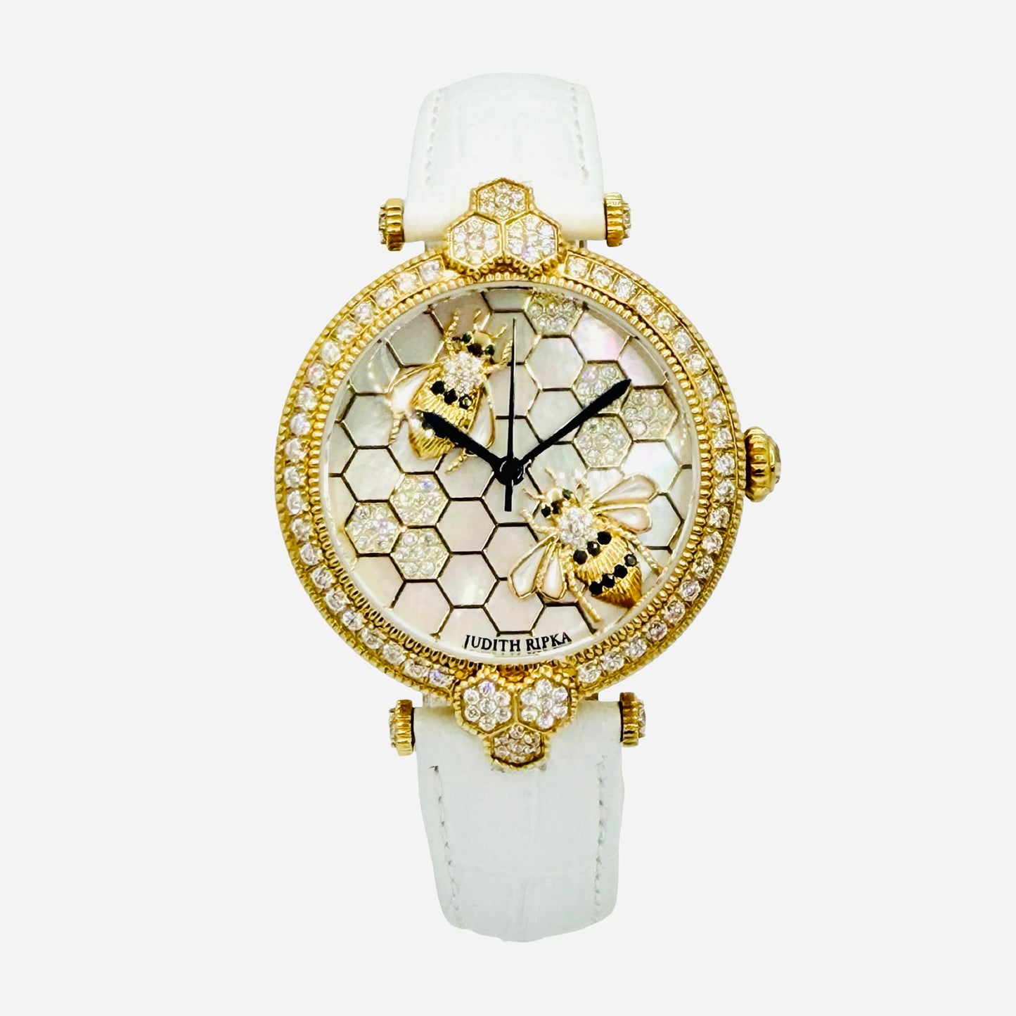 Judith Ripka Stainless Steel Bumble Bee Gemstone Watch 36mm Mother-of-Pearl 3D Honeycomb Dial White Leather Strap J355957