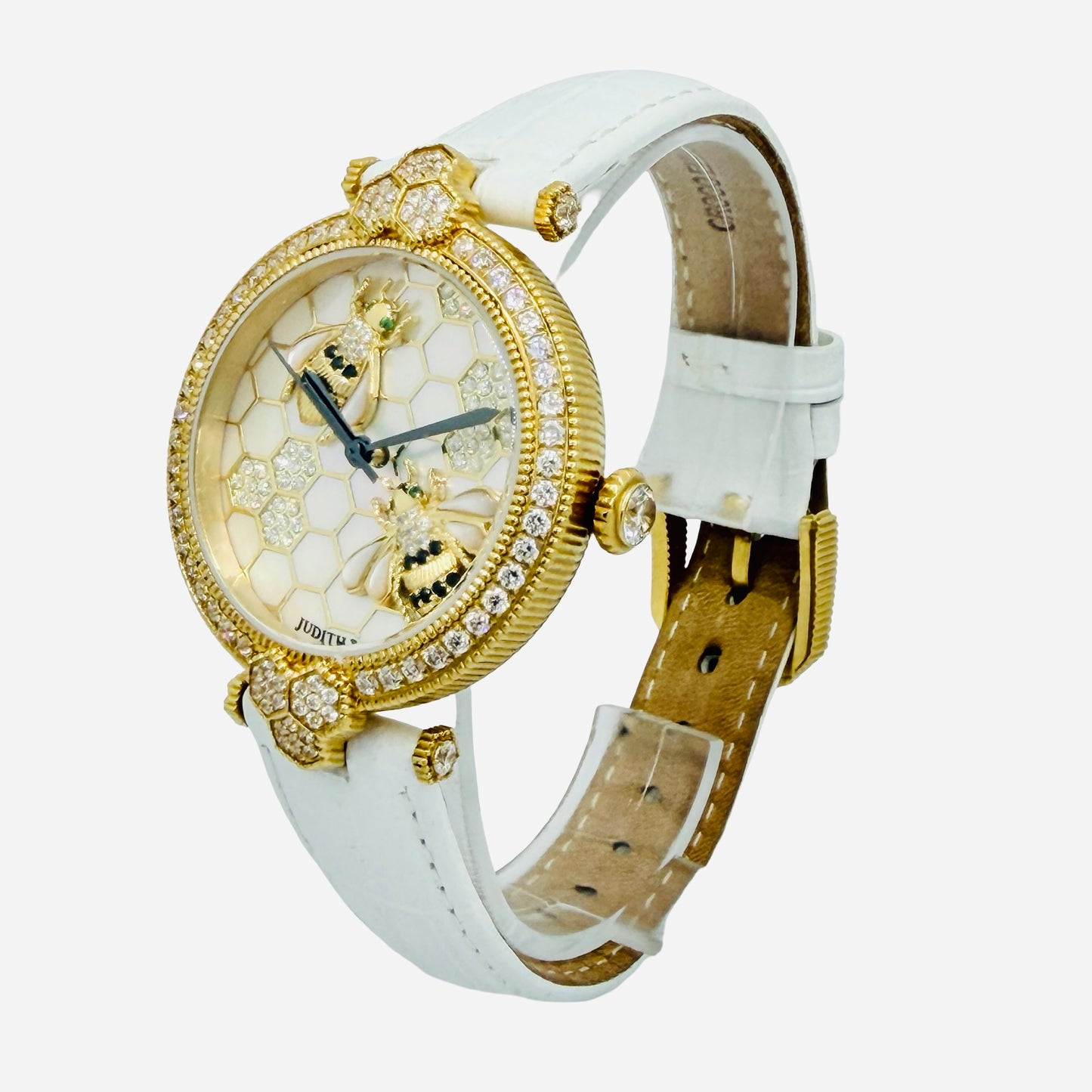 Judith Ripka Stainless Steel Bumble Bee Gemstone Watch 36mm Mother-of-Pearl 3D Honeycomb Dial White Leather Strap J355957