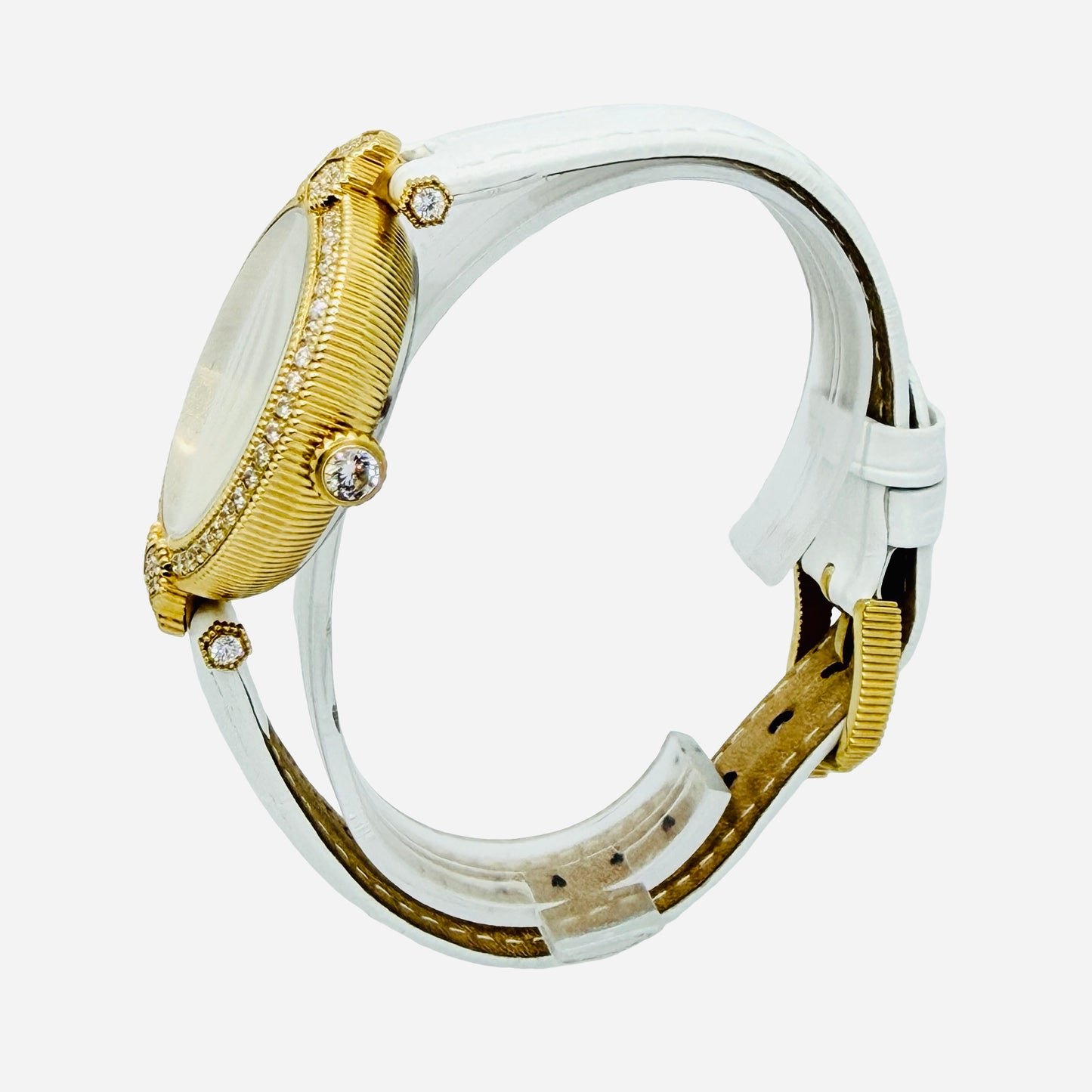 Judith Ripka Stainless Steel Bumble Bee Gemstone Watch 36mm Mother-of-Pearl 3D Honeycomb Dial White Leather Strap J355957