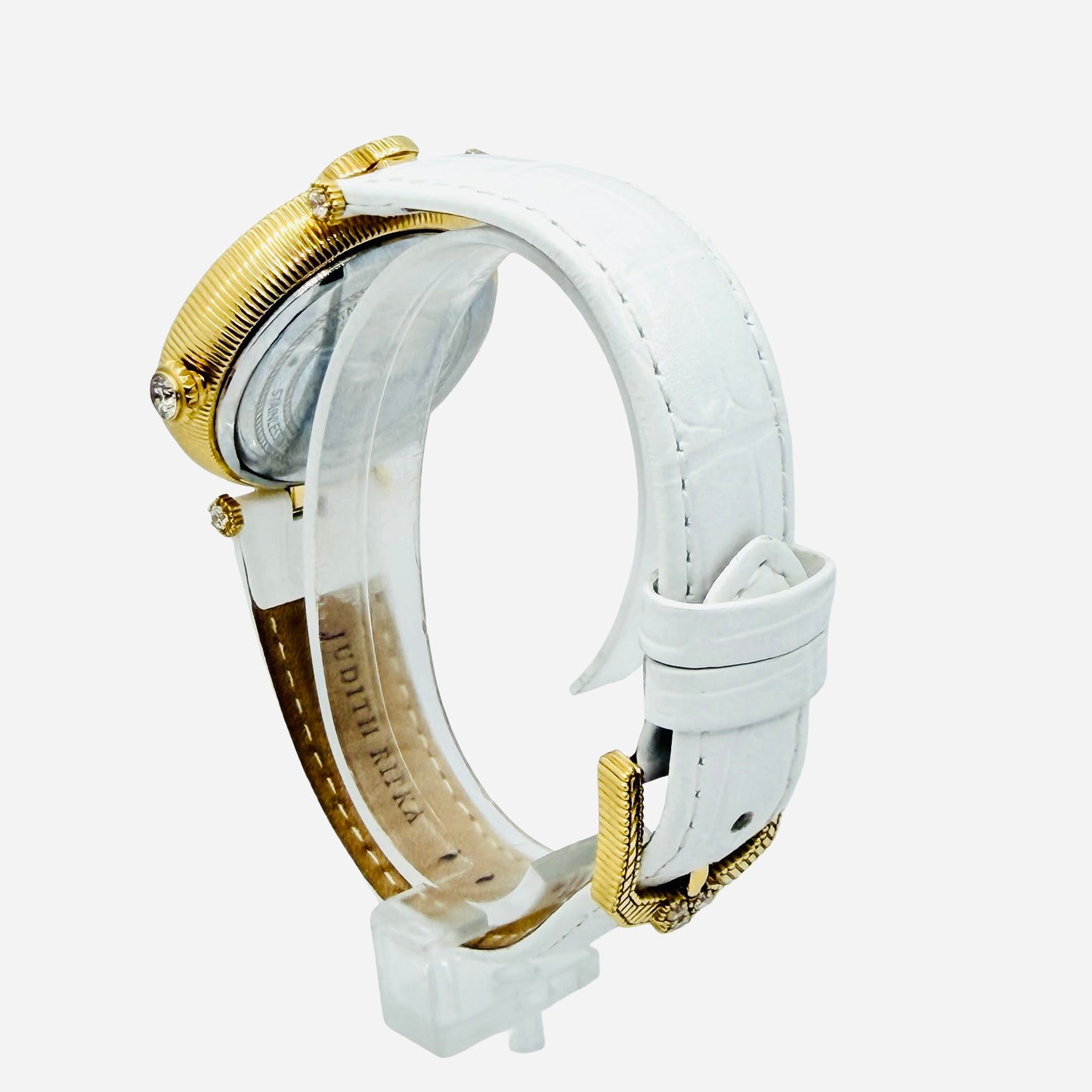 Judith Ripka Stainless Steel Bumble Bee Gemstone Watch 36mm Mother-of-Pearl 3D Honeycomb Dial White Leather Strap J355957