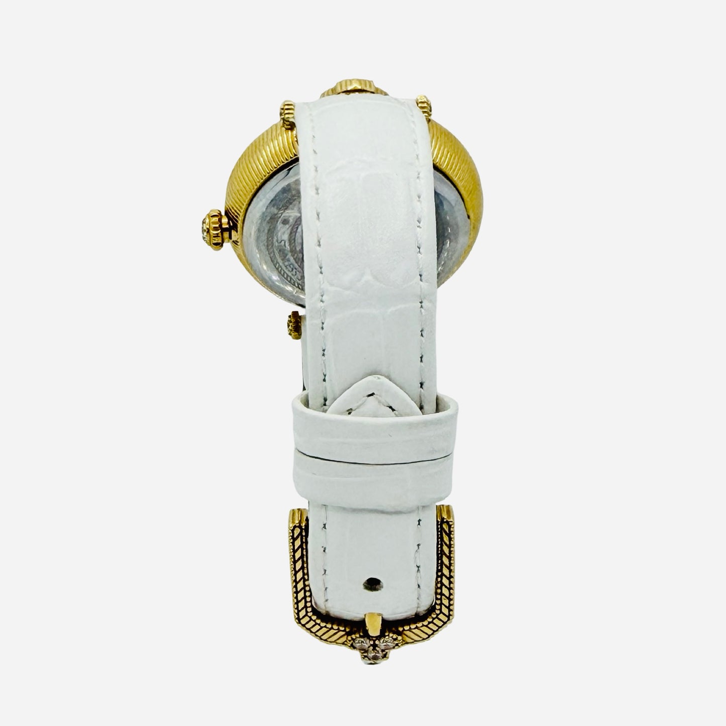 Judith Ripka Stainless Steel Bumble Bee Gemstone Watch 36mm Mother-of-Pearl 3D Honeycomb Dial White Leather Strap J355957