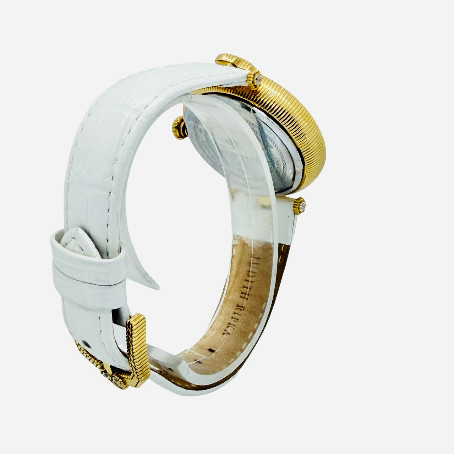 Judith Ripka Stainless Steel Bumble Bee Gemstone Watch 36mm Mother-of-Pearl 3D Honeycomb Dial White Leather Strap J355957
