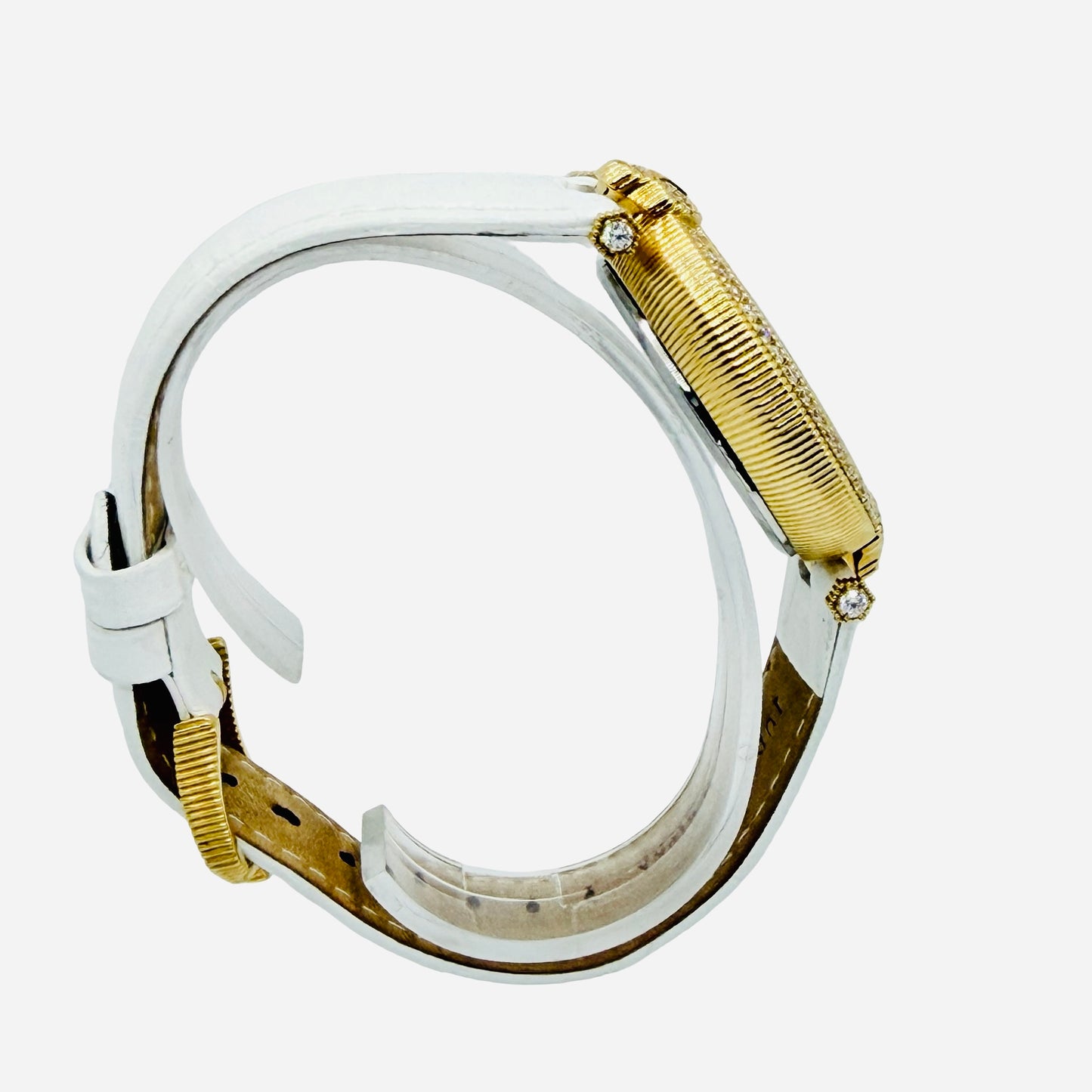 Judith Ripka Stainless Steel Bumble Bee Gemstone Watch 36mm Mother-of-Pearl 3D Honeycomb Dial White Leather Strap J355957