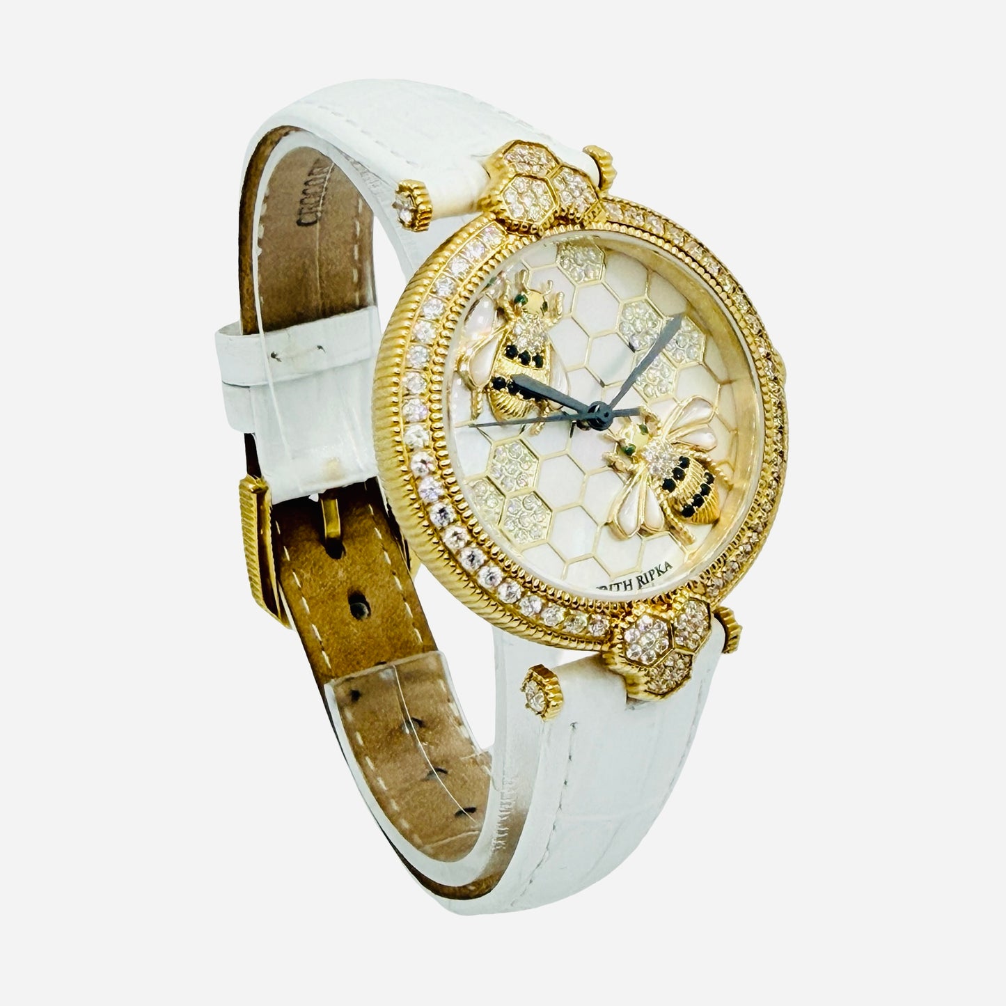 Judith Ripka Stainless Steel Bumble Bee Gemstone Watch 36mm Mother-of-Pearl 3D Honeycomb Dial White Leather Strap J355957