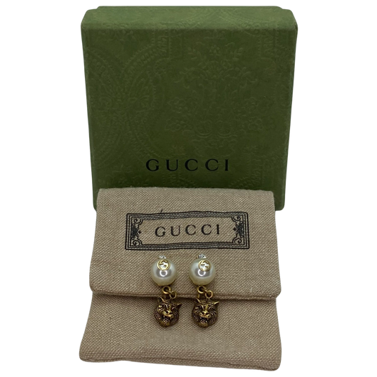 Estate Jewelry Gucci Faux Pearls Feline Brass Head and Crystal Drop Earrings