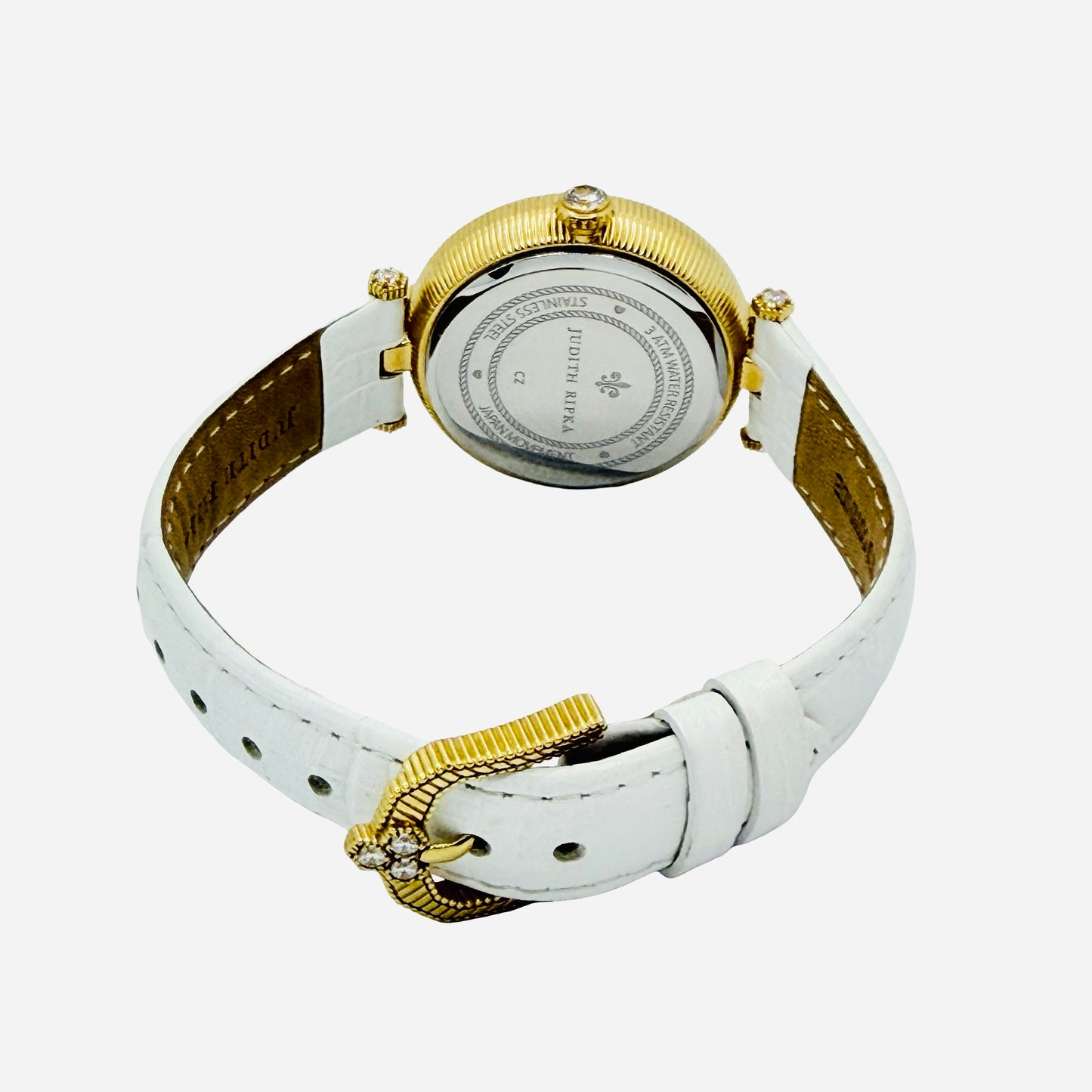 Judith Ripka Stainless Steel Bumble Bee Gemstone Watch 36mm Mother-of-Pearl 3D Honeycomb Dial White Leather Strap J355957