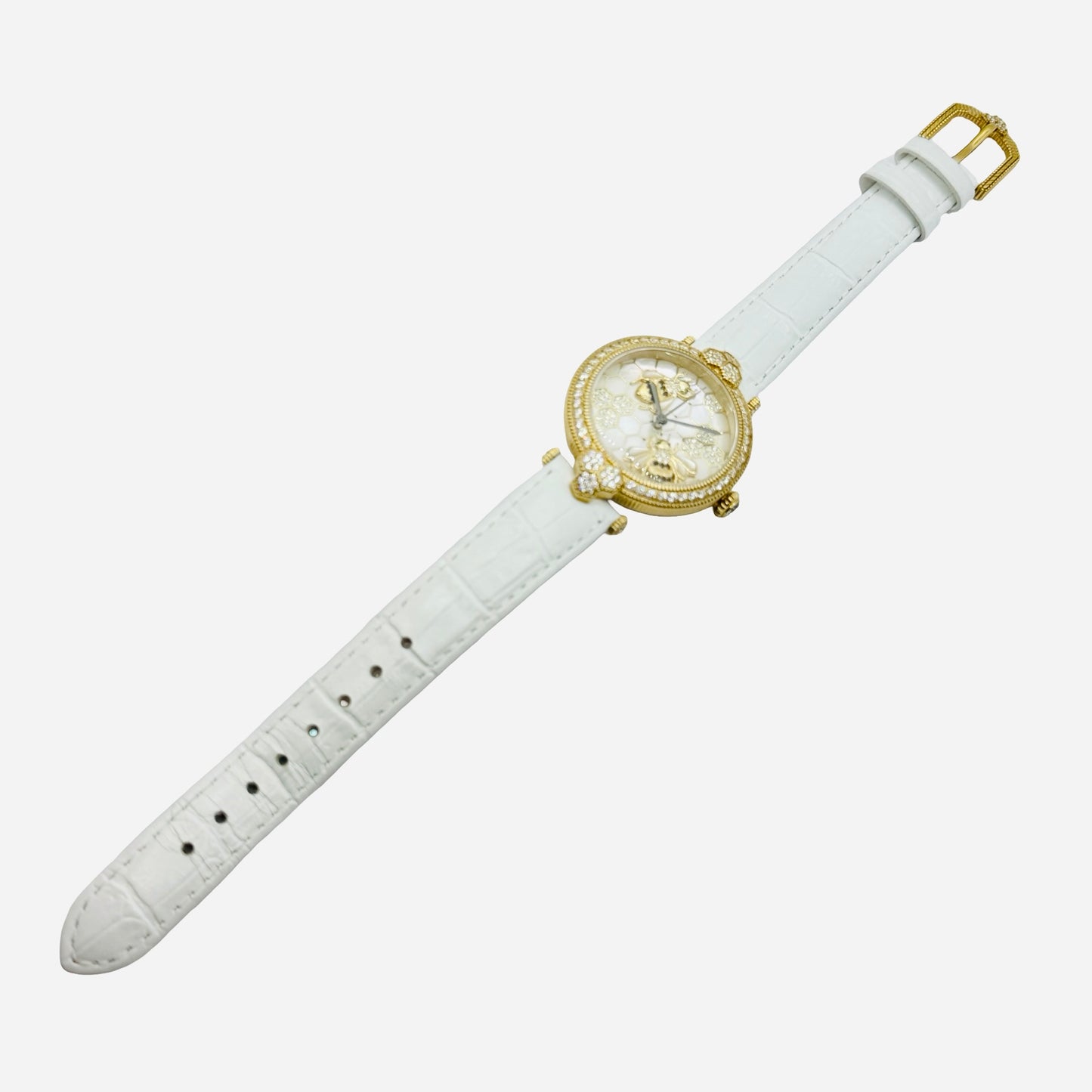 Judith Ripka Stainless Steel Bumble Bee Gemstone Watch 36mm Mother-of-Pearl 3D Honeycomb Dial White Leather Strap J355957