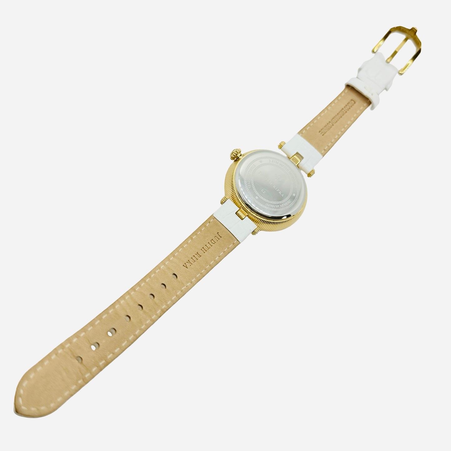 Judith Ripka Stainless Steel Bumble Bee Gemstone Watch 36mm Mother-of-Pearl 3D Honeycomb Dial White Leather Strap J355957