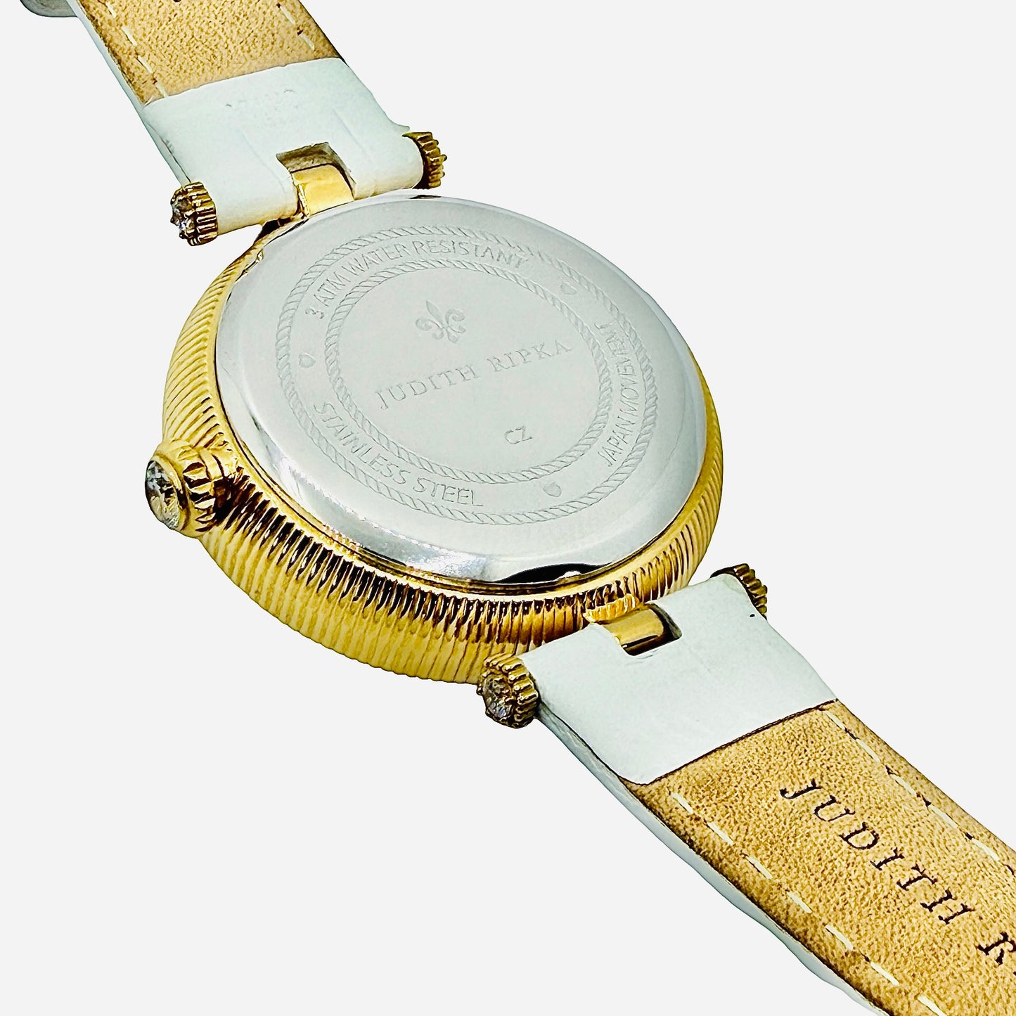 Judith Ripka Stainless Steel Bumble Bee Gemstone Watch 36mm Mother-of-Pearl 3D Honeycomb Dial White Leather Strap J355957
